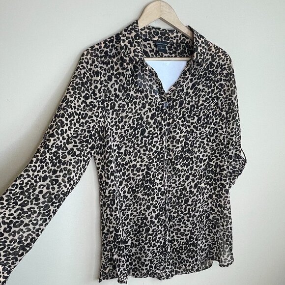 Moda international Sheer leopard long sleeve button down collared blouse - Picture 6 of 7